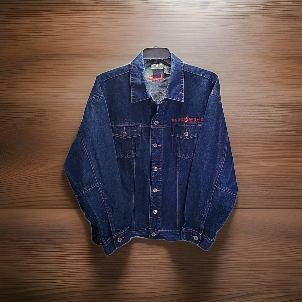 Vintage Y2k Hip-hop Rocawear Men's Blue Denim Jacket Red Stitched Logo Size L.
